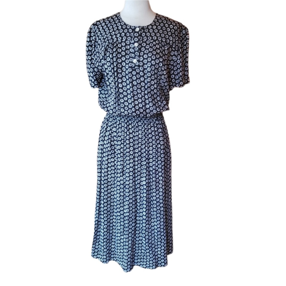 1980s Virgo II Black & White Floral Career Dress